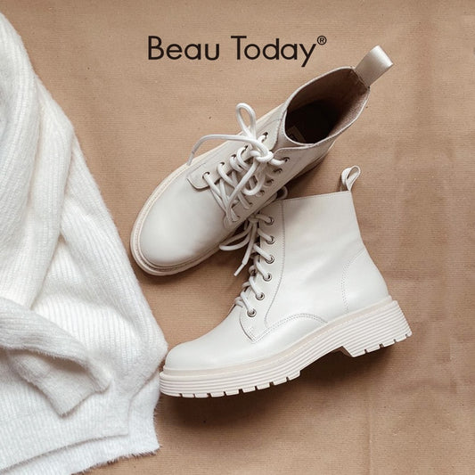 BeauToday Ankle Boots Women handmade Genuine Cow Leather Lace-Up Round Toe Ladies Booties