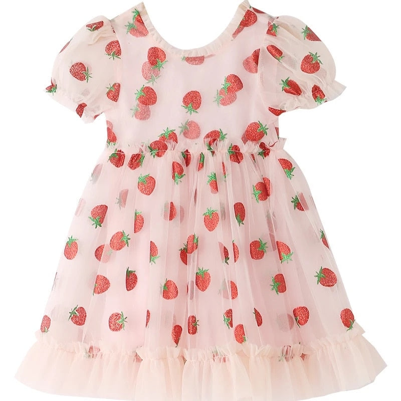 Kids Clothes Girls Summer Dress Puff Sleeve Pink Strawberry Princess Dress