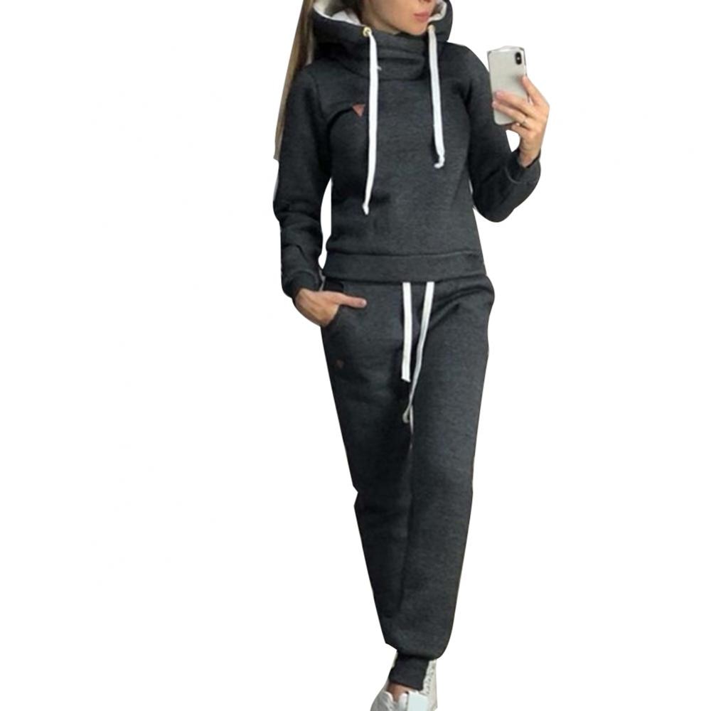 2Pcs Women Jogging Suit Solid Color Tracksuits Fleece Lined Hoodies Pants Set Casual for Women