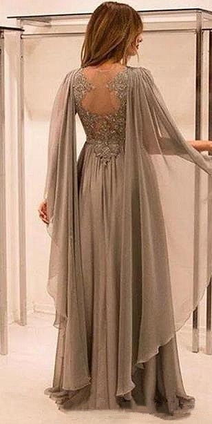 Elegant Chiffon Lace Mother of the Bride Dresses Shawl Sleeves V-Neck Plus Size  Evening Prom Dresses