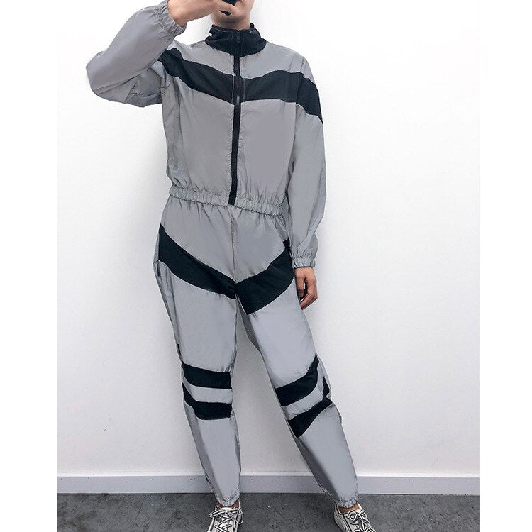 Fashion Reflective Tracksuit Women Zipper Crop Tops + Long Pants 2 Piece Set Female Jacket Trousers