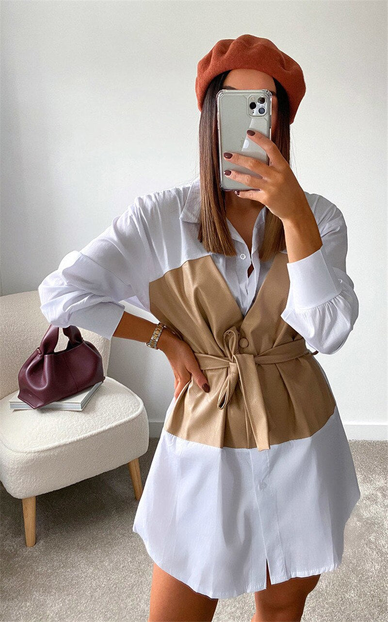 Women's Dress Casual A-Line PU Leather Patchwork Long Sleeve Vestidos Party Elegant Short Mini Dress