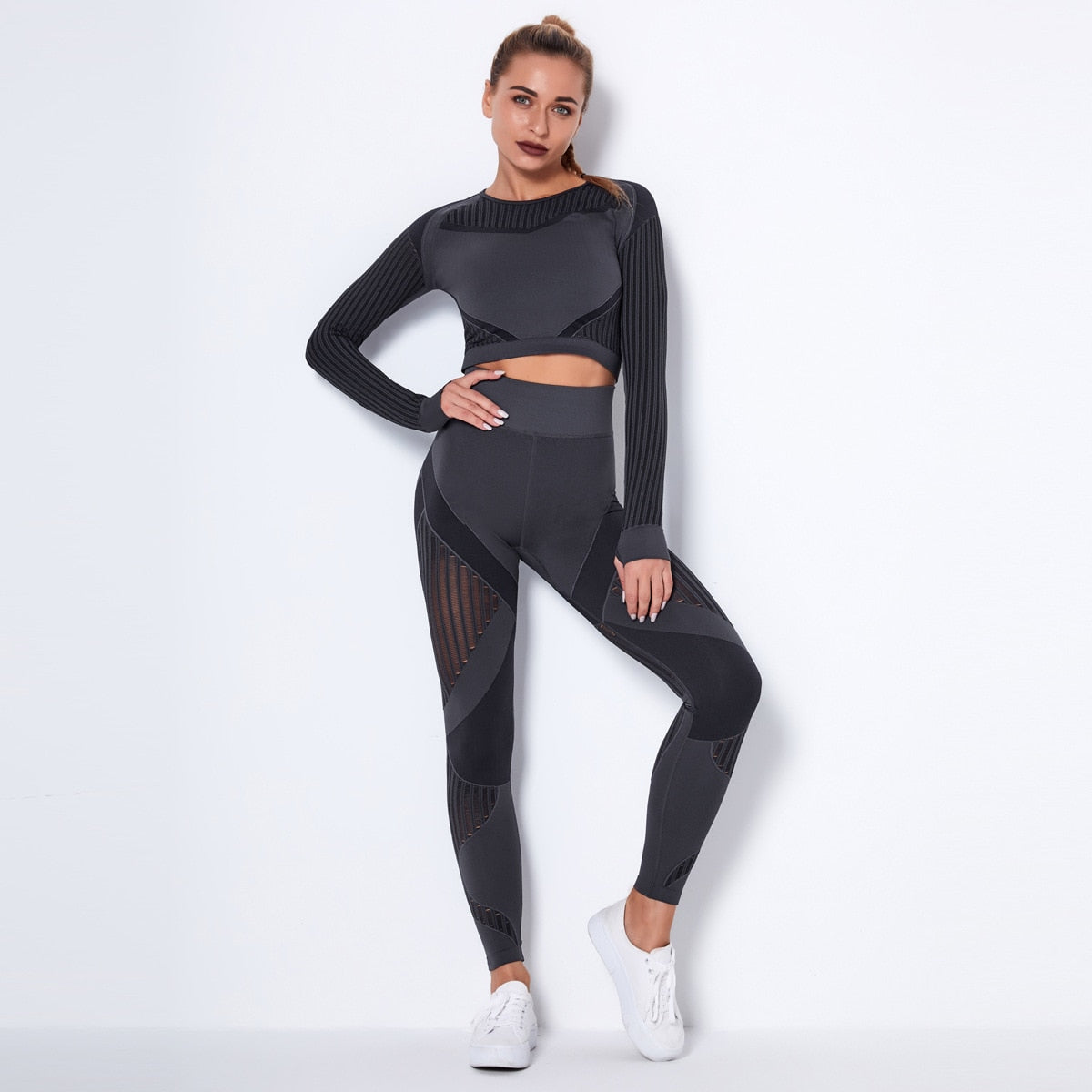 Workout Sets for Women 2 Piece Seamless Yoga Outfit Tracksuit High Waisted Leggings and Crop Top Gym Set