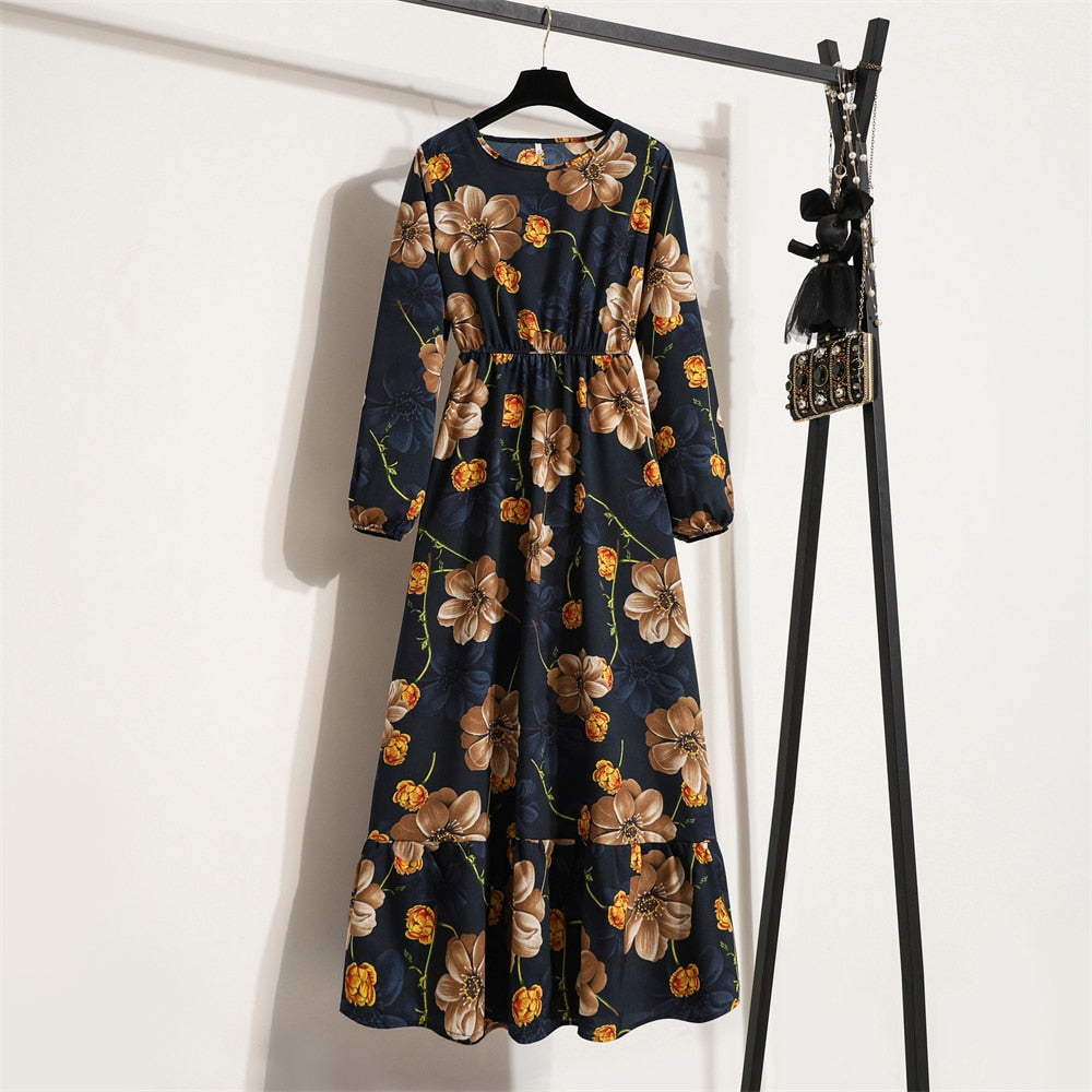 Women Maxi Dresses Casual Full Sleeve Floral Printed O-neck Woman Bohe  Long Dress