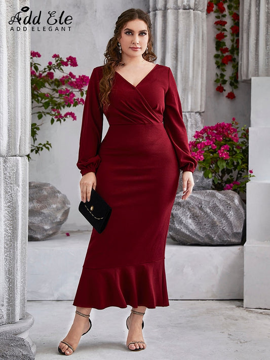 Elegant Plus Size Pencil Bodycon  V-Neck High Waist Long Lantern Sleeve dress for women