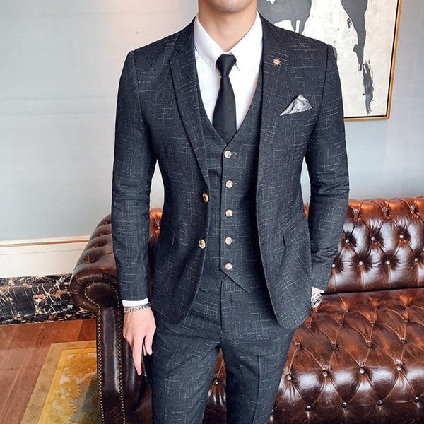 Three pieces set ( Blazer + Vest + Pants ) Elegant Suit  Dark Plaid Classic Retro Men's Formal Business Wedding Dress