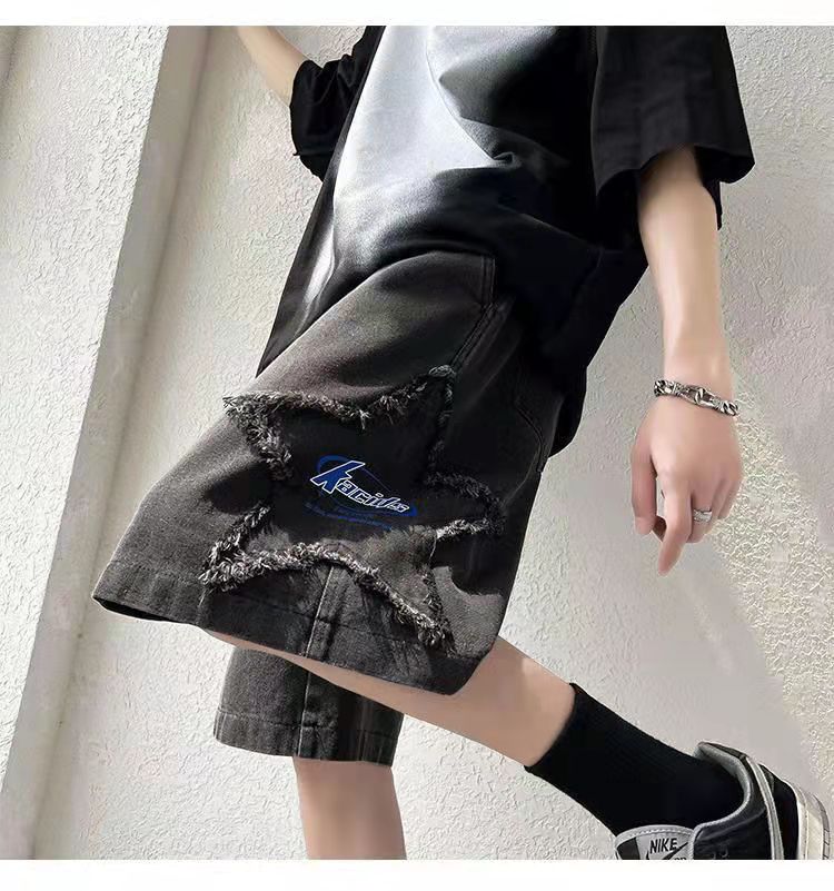 High Street Denim Shorts Men's Trendy Summer Wear Loose Straight Five-point Pants Casual Pants