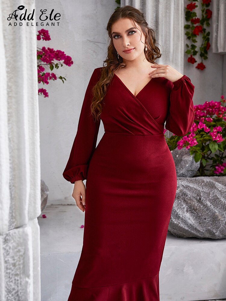 Elegant Plus Size Pencil Bodycon  V-Neck High Waist Long Lantern Sleeve dress for women