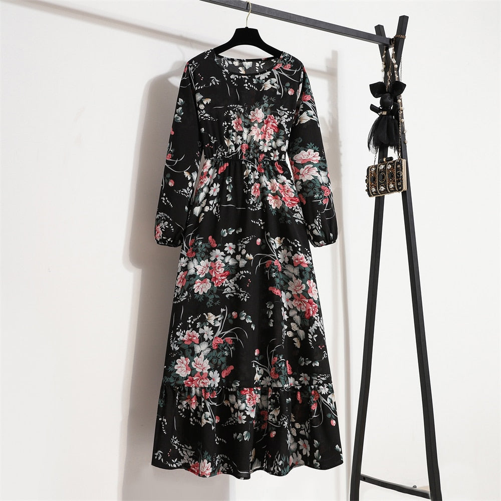 Women Maxi Dresses Casual Full Sleeve Floral Printed O-neck Woman Bohe  Long Dress