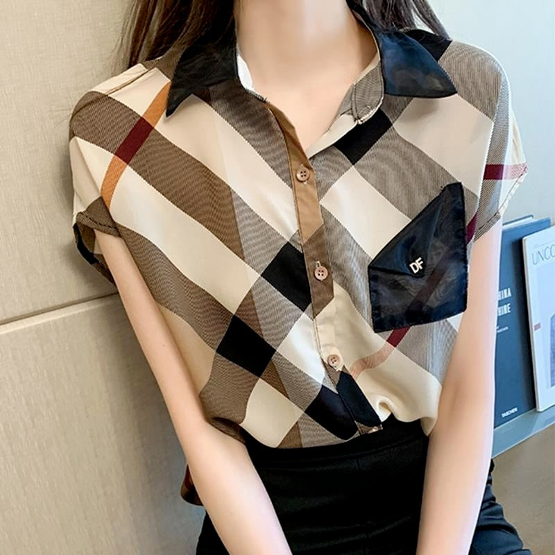 Women's Short Sleeve Chiffon Casual Pretty  Blouses Korean Plaid Buttoned Trendy Shirts Trends