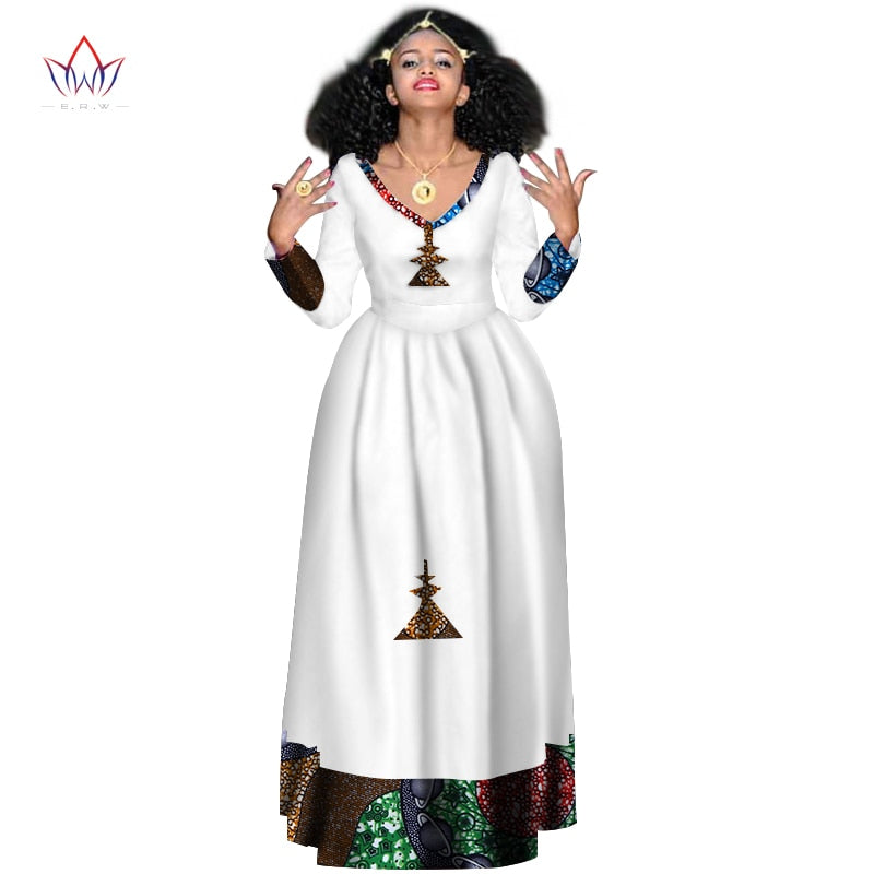 Women Elegant Dress Africa Style Full Sleeve Outfits  V-neck robe Ethiopia Long evening dress