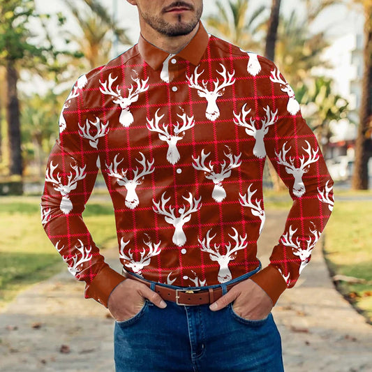 Men's Christmas Shirt Reindeer Dress Long-sleeved Business Casual Plus Size Shirt