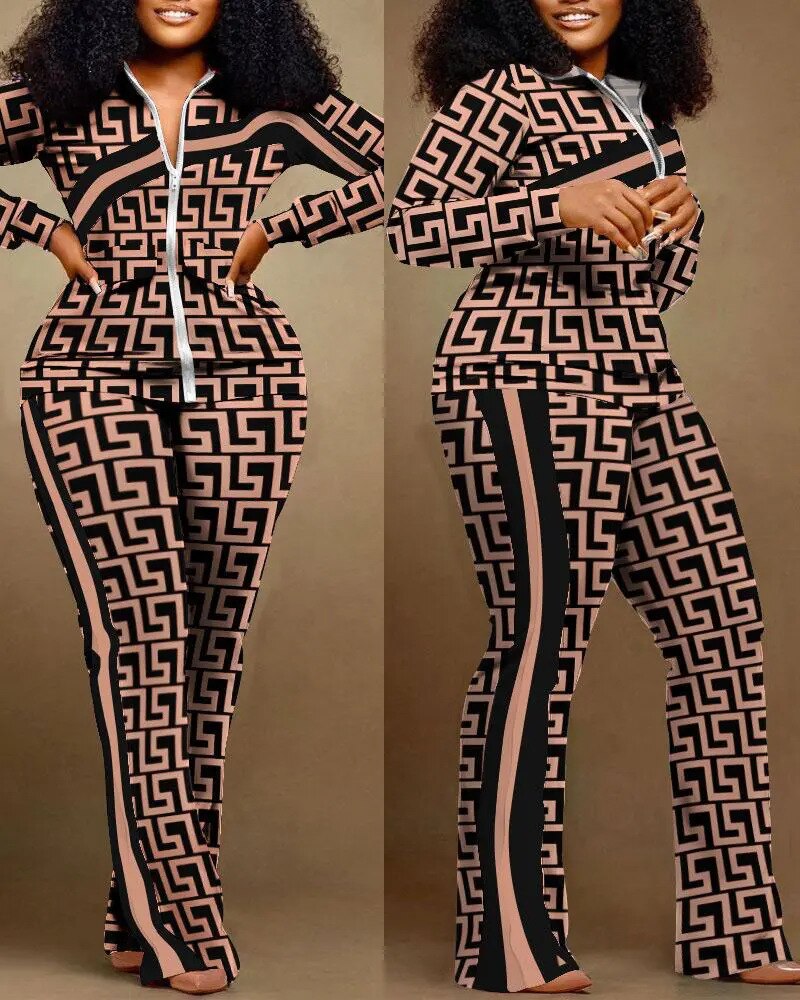 African Clothing Two Pieces Set Spring Autumn Long Sleeve Zipper Fashion Print Casual Top and Pants Suits for Women