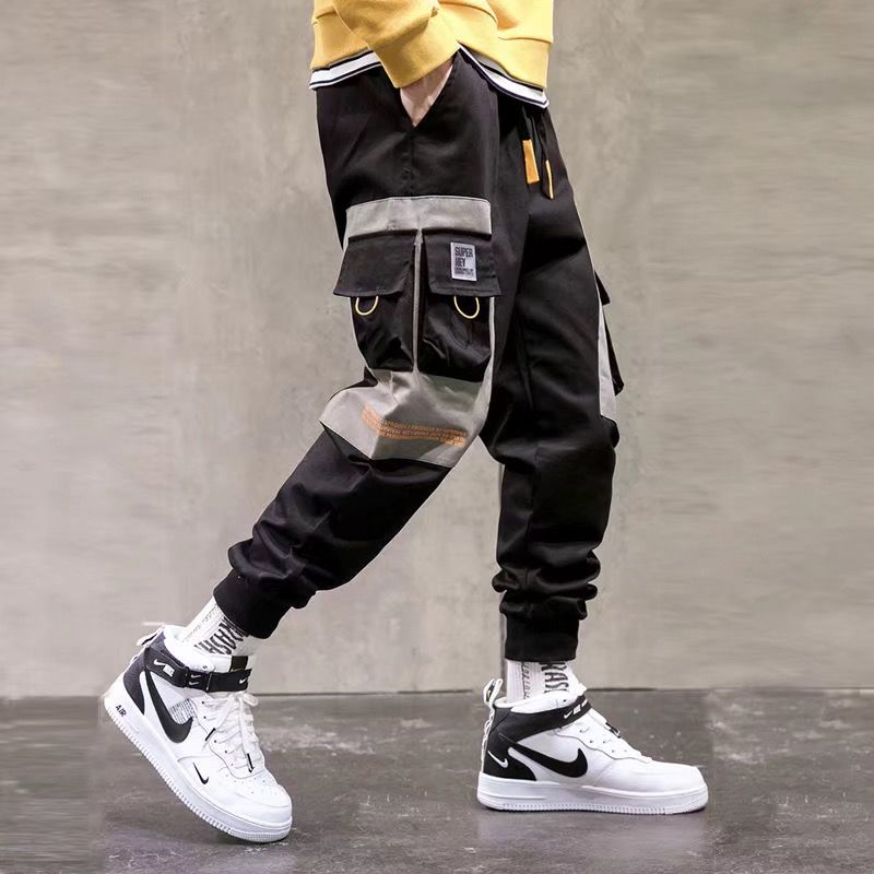 Men's Joggers Cargo Pants Casual Hip Hop Hit Color Pocket Trousers Ribbons Techwear