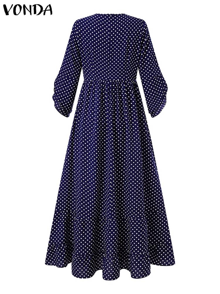 Bohemian Ruffled Maxi Dress Women Elegant  O- Neck Polka Dot 3/4 Sleeve Casual dress