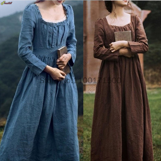 Women Medieval Victorian Retro Dress Square Collar Long Sleeves High Waist French Apparel Long Dress