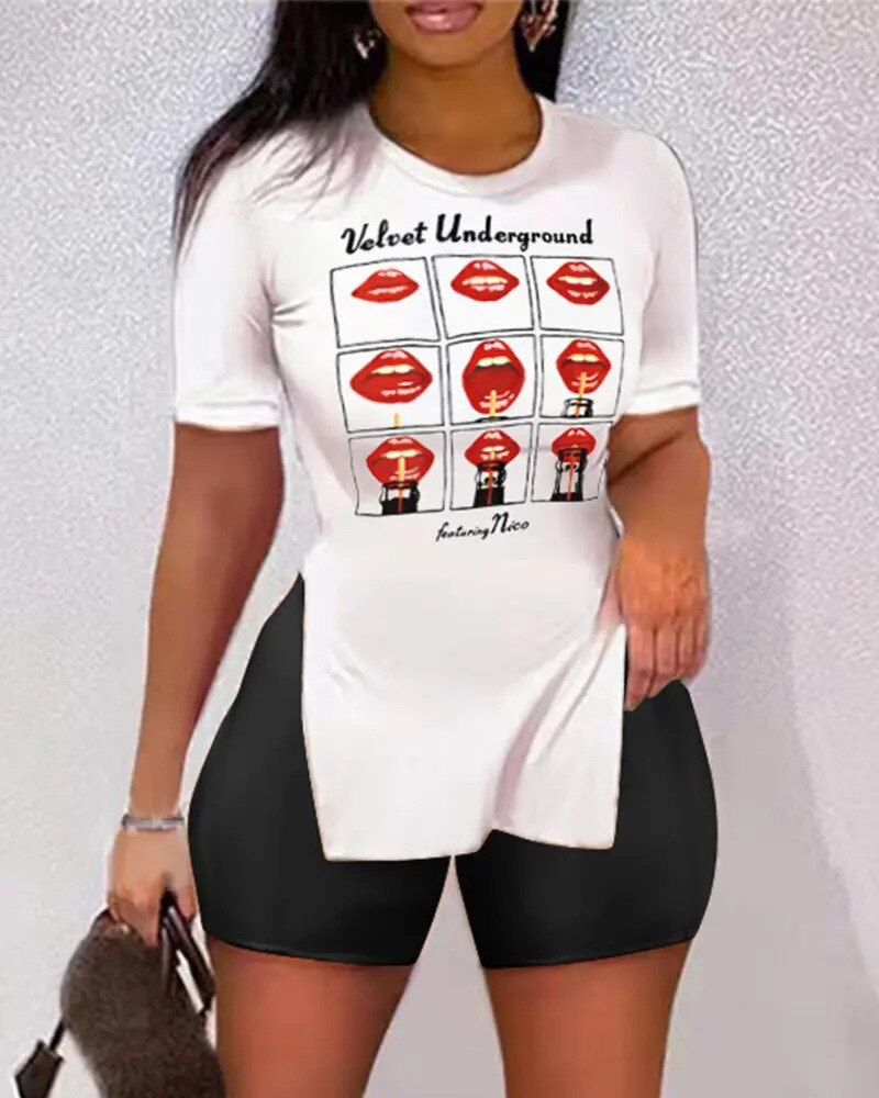 Summer Spring Fashion Casual 2pcs T-shirt and short Set  High Waist Short Sleeve clothes for Women