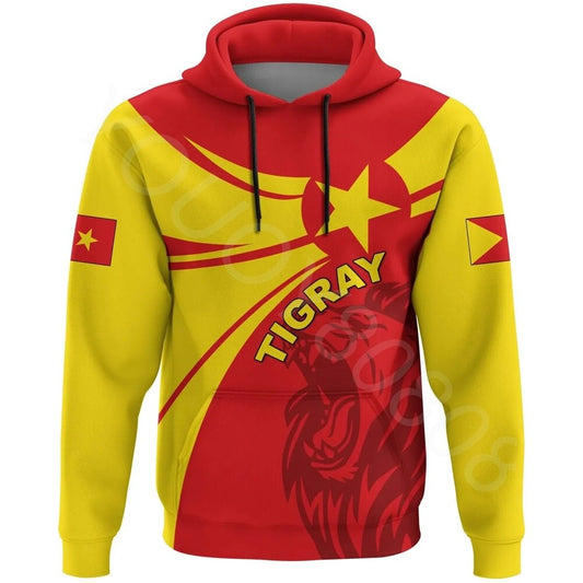 Men's Round Neck Casual Tigray Flag Print Wide Hoodie Sweater