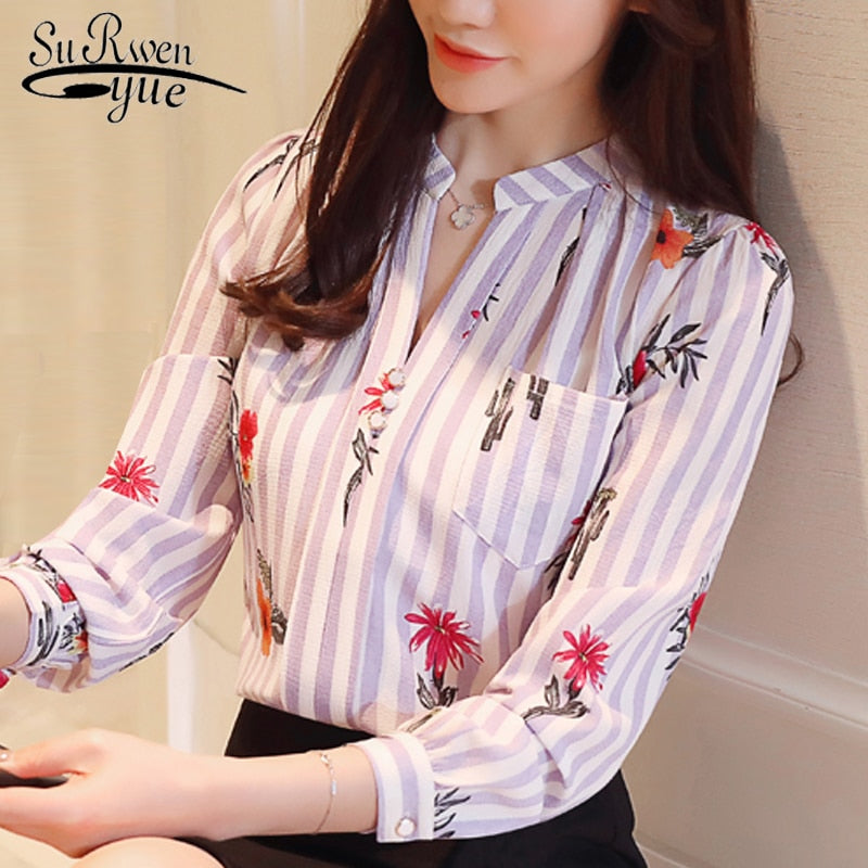 Long Sleeve Chiffon Blouse Print Floral Fashion Shirts for Women