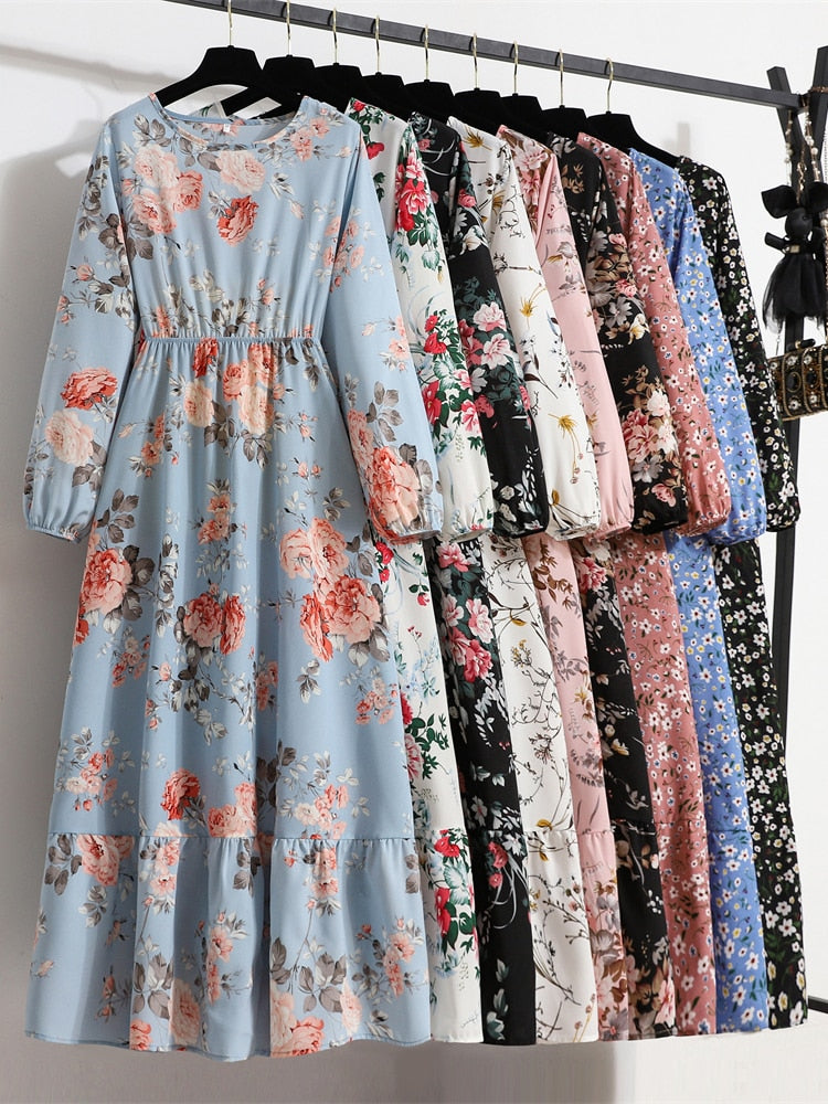 Women Maxi Dresses Casual Full Sleeve Floral Printed O-neck Woman Bohe  Long Dress