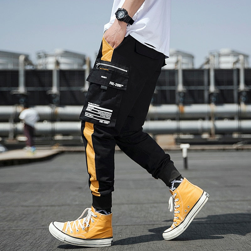 Streetwear Casual  Pants Cotton Harem Ribbons  Patchwork Fashion Ankle Length Jogger Pants For men