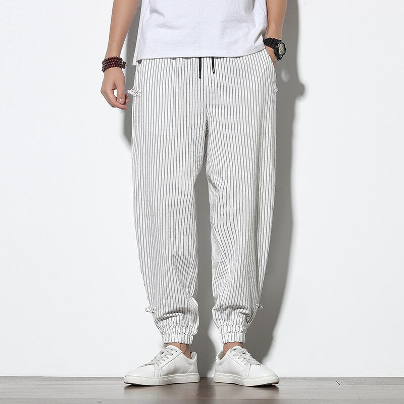 Men's Disc Buckle Striped Harem Breathable Cotton Pencil Pants