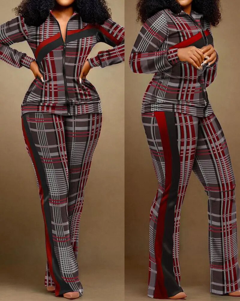 African Clothing Two Pieces Set Spring Autumn Long Sleeve Zipper Fashion Print Casual Top and Pants Suits for Women