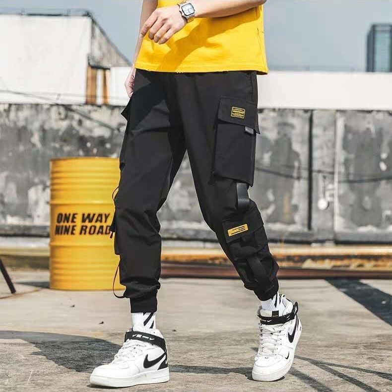 Men's Joggers Cargo Pants Casual Hip Hop Hit Color Pocket Trousers Ribbons Techwear