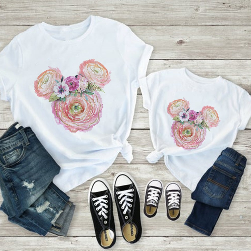 Mother Kids Fashion Disney Clothes Mickey Flowers Family Matching T-shirts