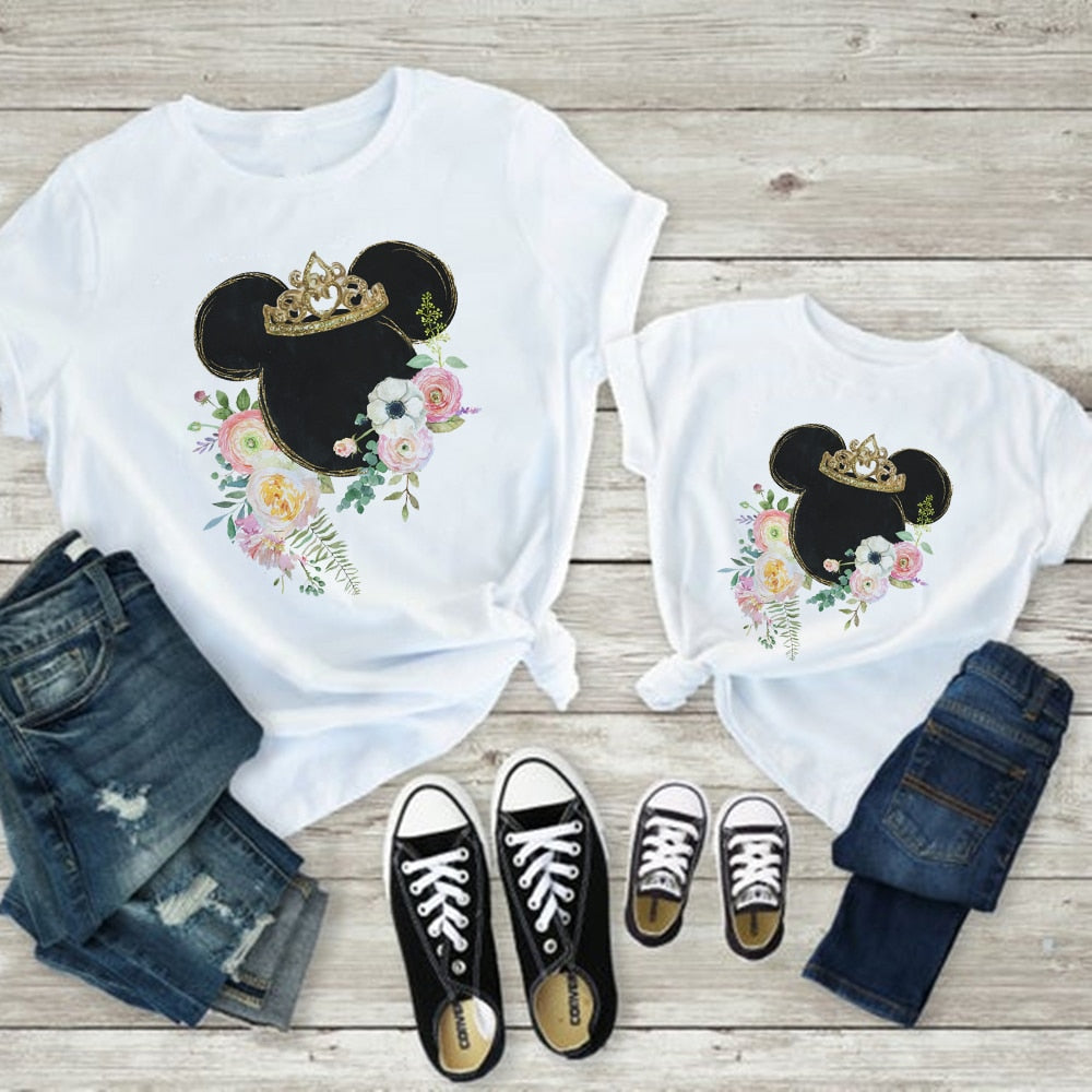 Mother Kids Fashion Disney Clothes Mickey Flowers Family Matching T-shirts