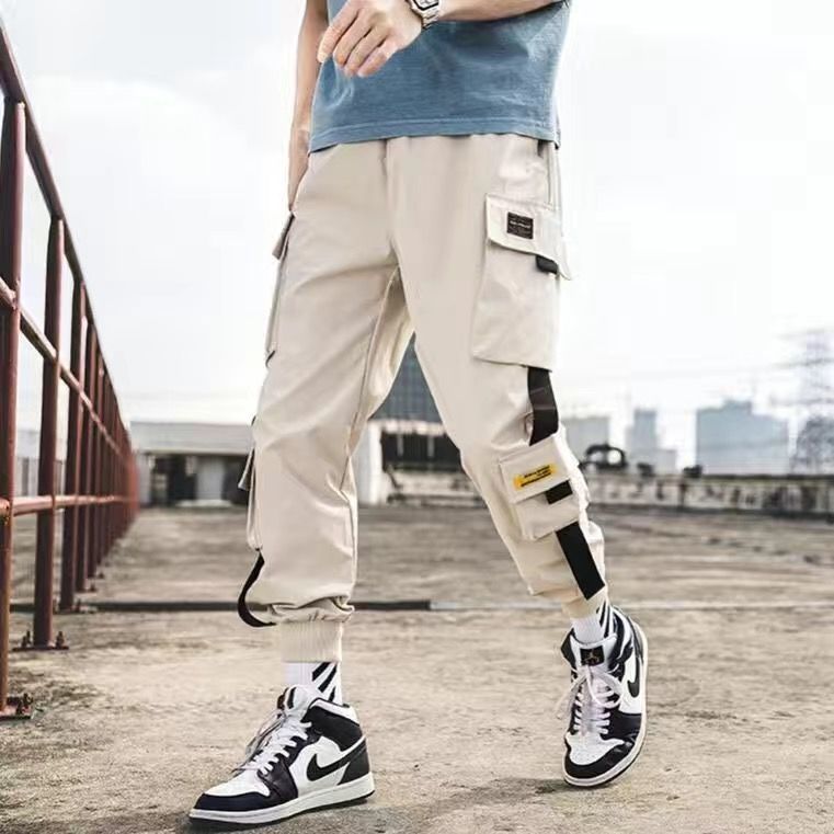 Men's Joggers Cargo Pants Casual Hip Hop Hit Color Pocket Trousers Ribbons Techwear