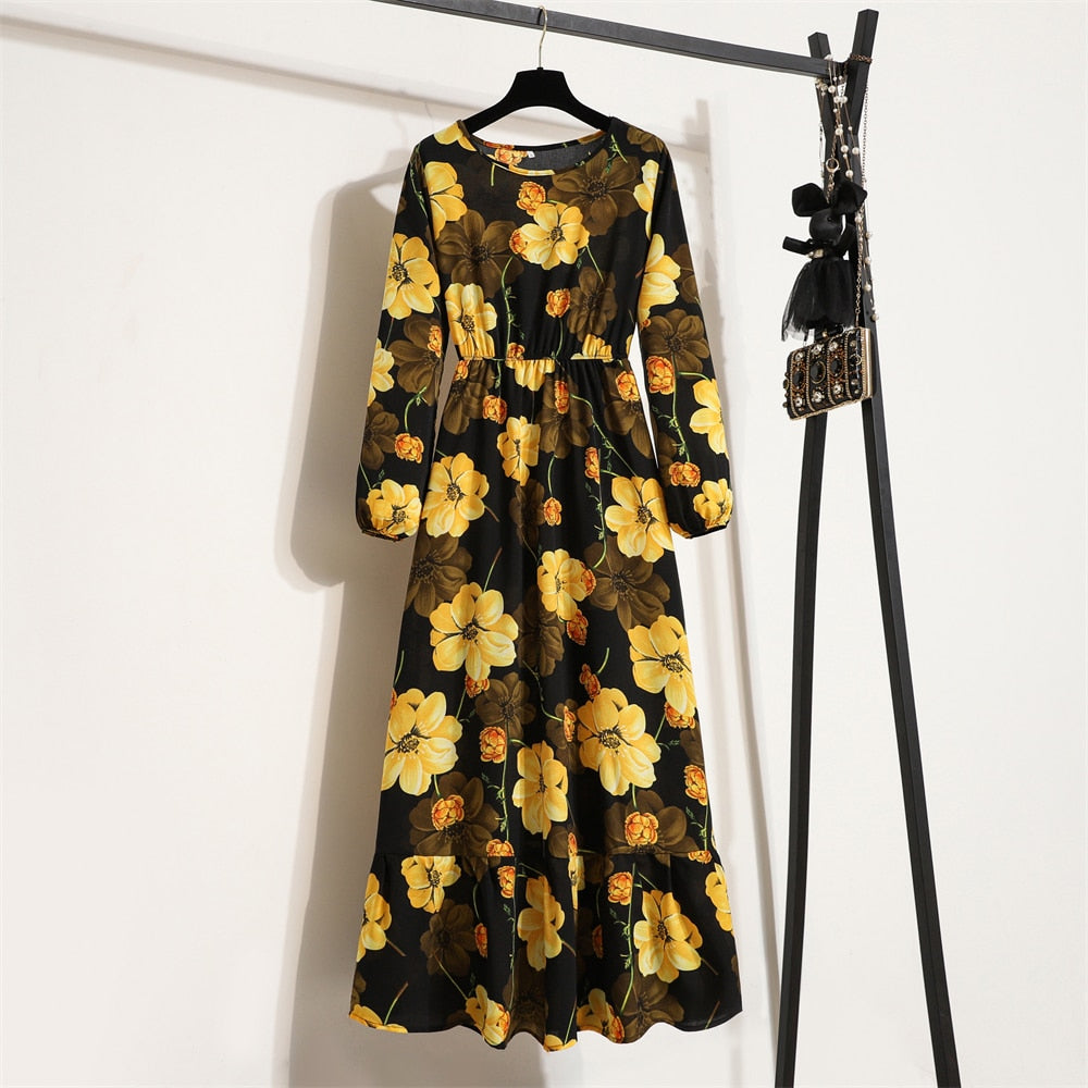 Women Maxi Dresses Casual Full Sleeve Floral Printed O-neck Woman Bohe  Long Dress