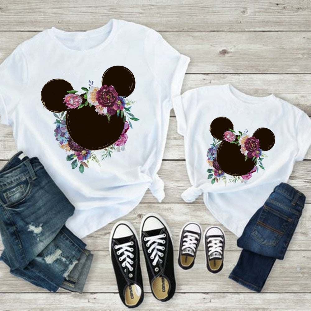 Mother Kids Fashion Disney Clothes Mickey Flowers Family Matching T-shirts