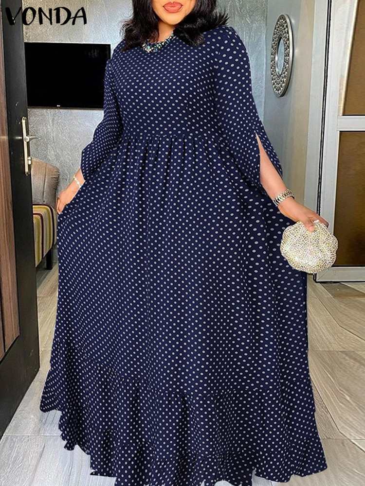 Bohemian Ruffled Maxi Dress Women Elegant  O- Neck Polka Dot 3/4 Sleeve Casual dress