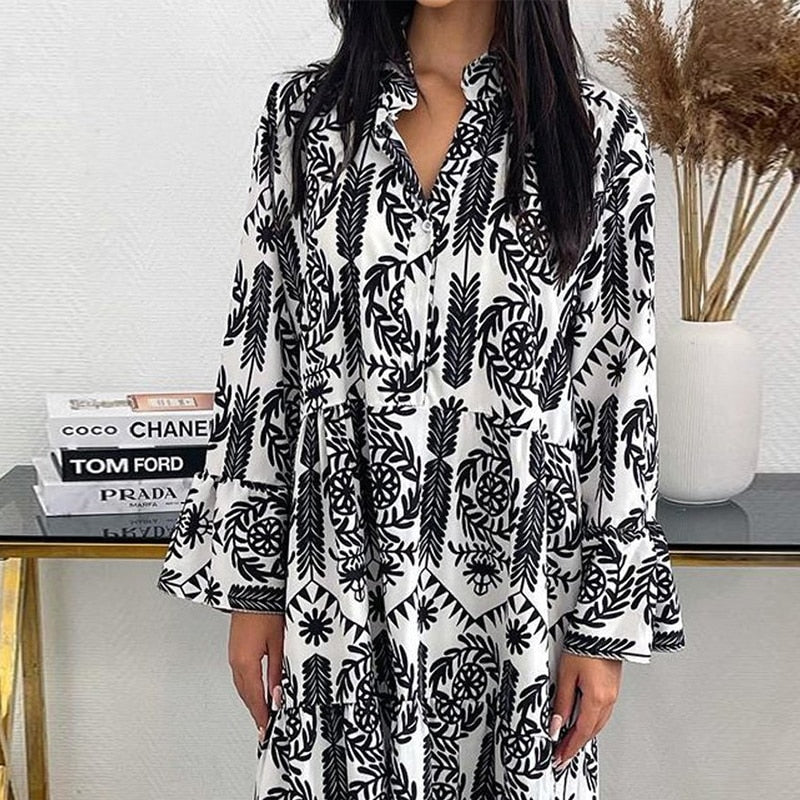 Women's Maxi Dress  Elegant Casual Art Retro Print Long Sleeve V-Neck Loose dress