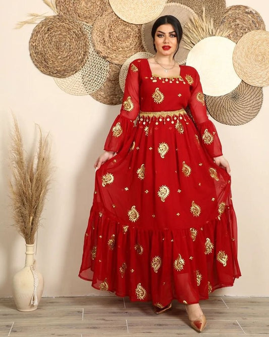 Charming Red Middle East Dress Embroidery Flare Sleeves Square Neck Elegant Dubai Evening Gowns Jalabiya for Women.