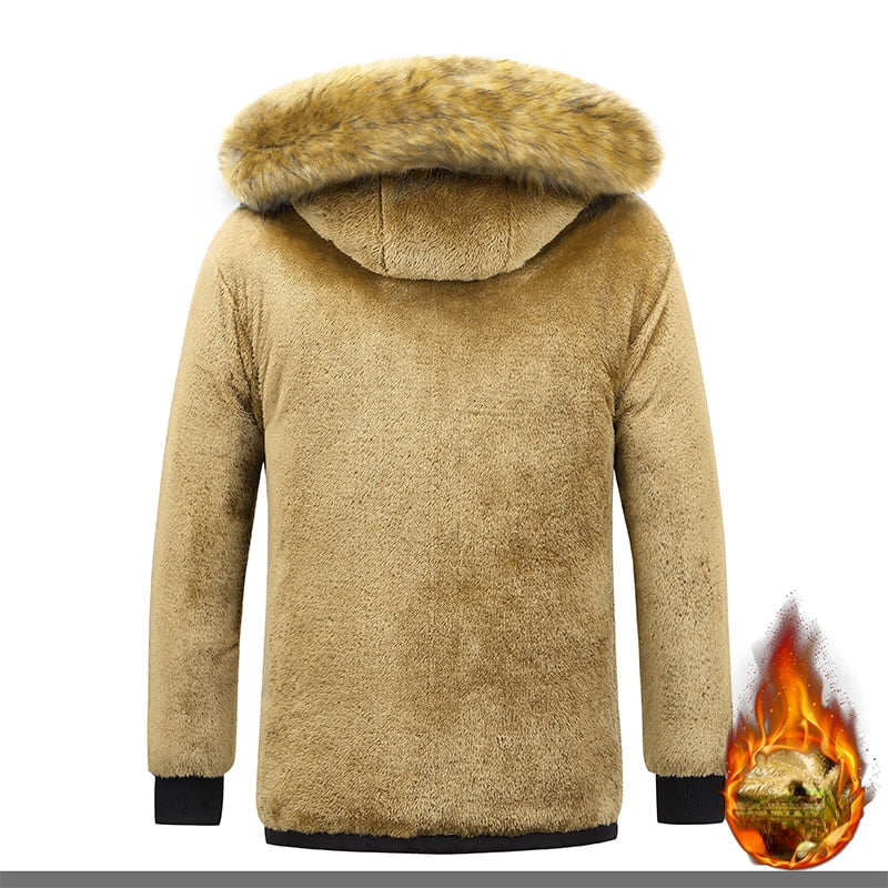 New Men Winter Fleece Lined Thick Warm Hooded Fur Collar Coat for Male