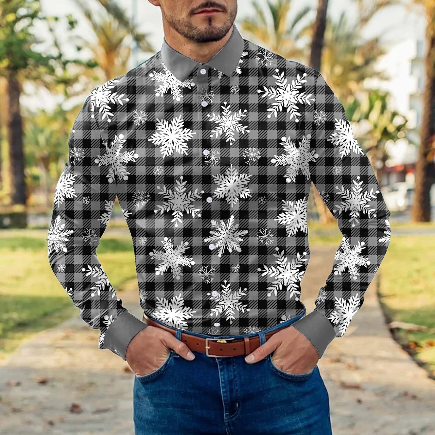 Men's Christmas Shirt Reindeer Dress Long-sleeved Business Casual Plus Size Shirt