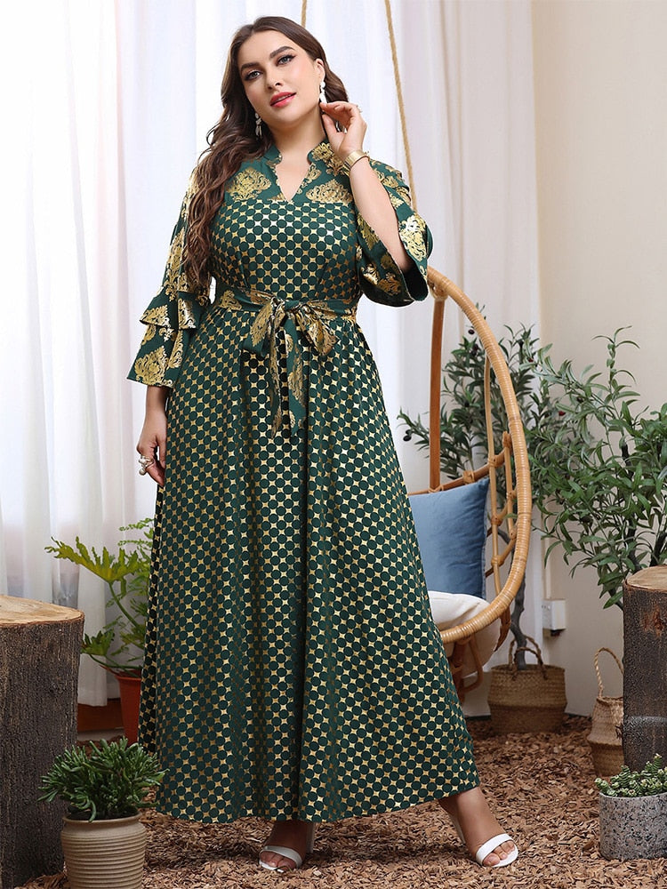 Women Plus Size Elegant Dresses Long Sleeve Big Large Loose Luxury Green Printing Dress