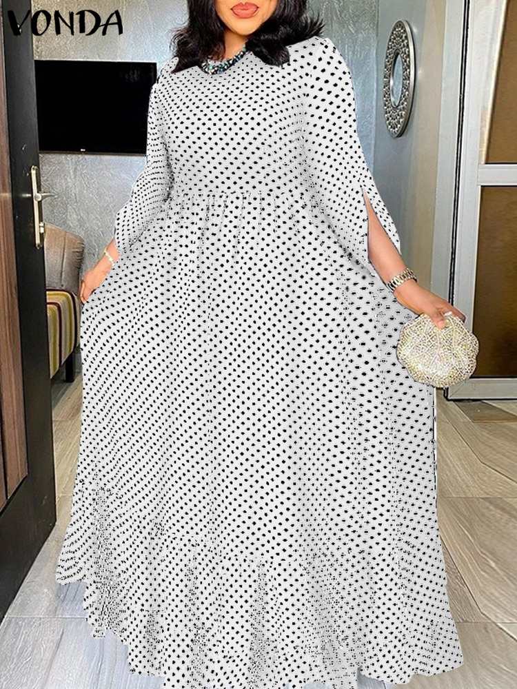 Bohemian Ruffled Maxi Dress Women Elegant  O- Neck Polka Dot 3/4 Sleeve Casual dress