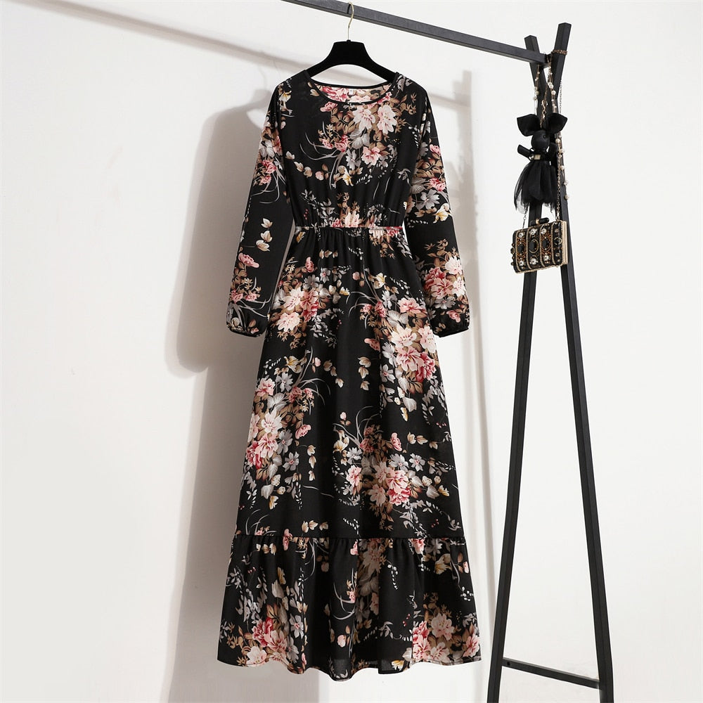 Women Maxi Dresses Casual Full Sleeve Floral Printed O-neck Woman Bohe  Long Dress