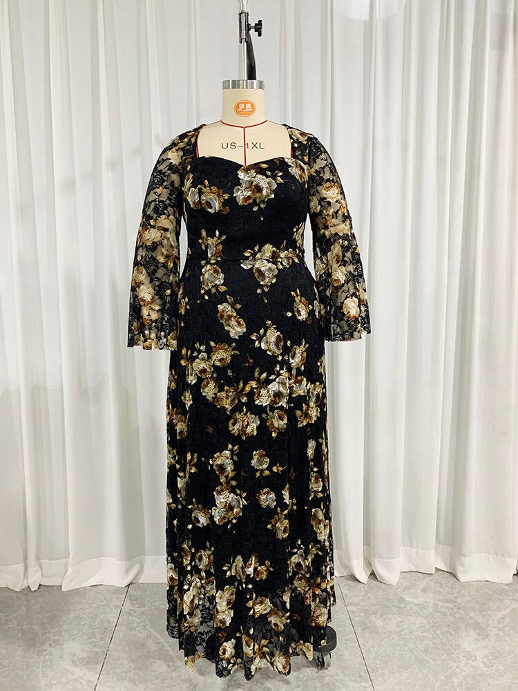 Plus Size Large Maxi Dresses Luxury Chic Elegant Long Sleeve Floral print for Women