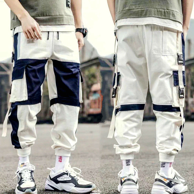 Men's Joggers Cargo Pants Casual Hip Hop Hit Color Pocket Trousers Ribbons Techwear