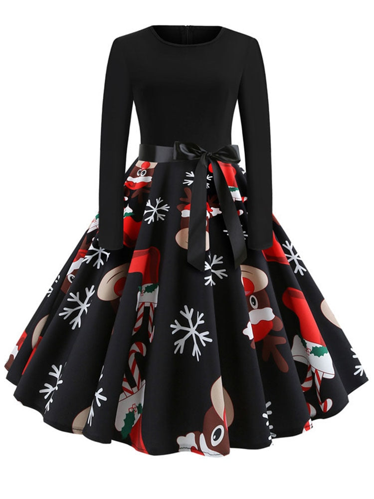 Elegant Christmas Dresses Vintage Robe Swing Long Sleeve Casual Print dress for womenk