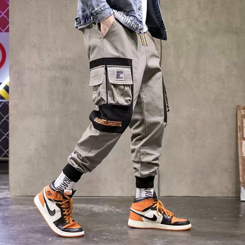 Men's Joggers Cargo Pants Casual Hip Hop Hit Color Pocket Trousers Ribbons Techwear