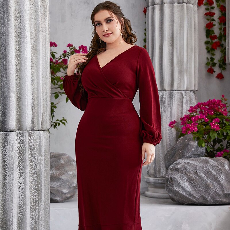 Elegant Plus Size Pencil Bodycon  V-Neck High Waist Long Lantern Sleeve dress for women