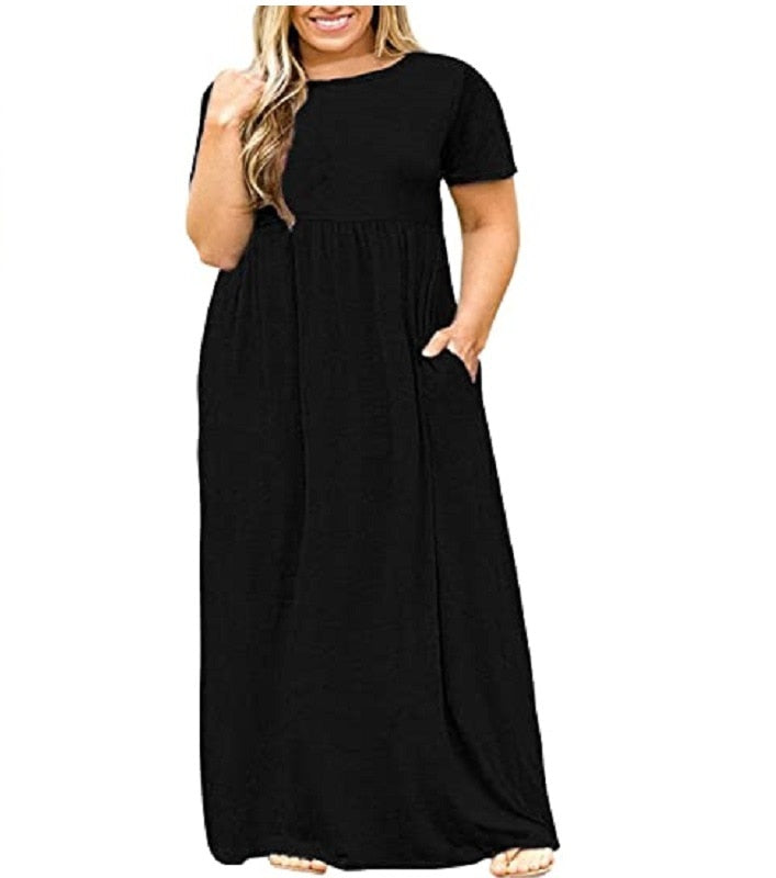 Big size short sleeve print long dress for women