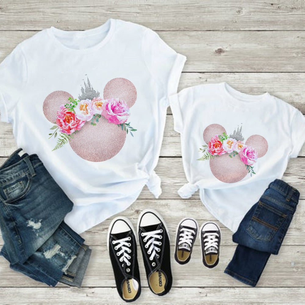 Mother Kids Fashion Disney Clothes Mickey Flowers Family Matching T-shirts