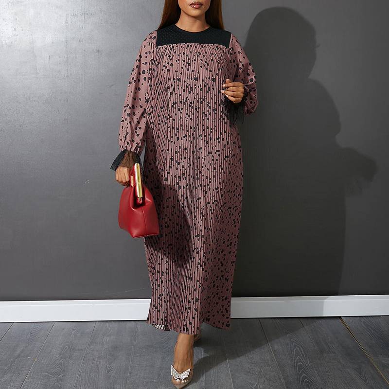 Plus Size Summer Women Dress  Mesh Patchwork Bohemian Leopard Printed  Long Sleeve Maxi dress