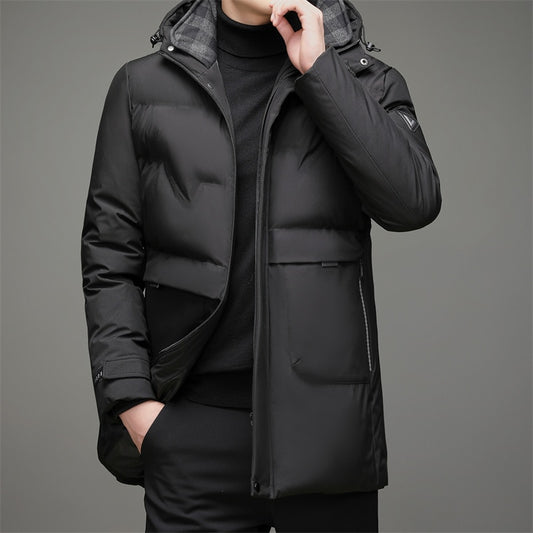 Casual Thickened Mid-length Hooded Cotton Outdoor Warm Windproof Coat for Men